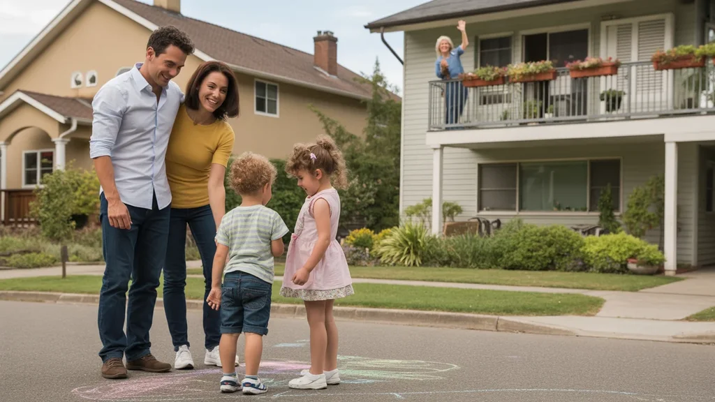 A family outside their Hillsboro house as a neighbor waves from her apartment balcony across the street