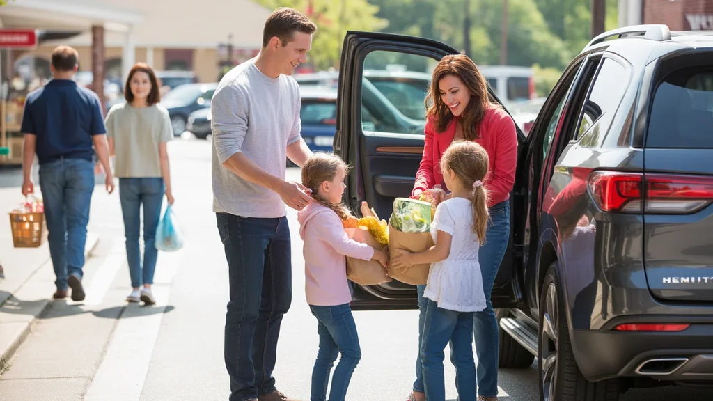 A family loads groceries into their car outside a market in Hermitage, TN