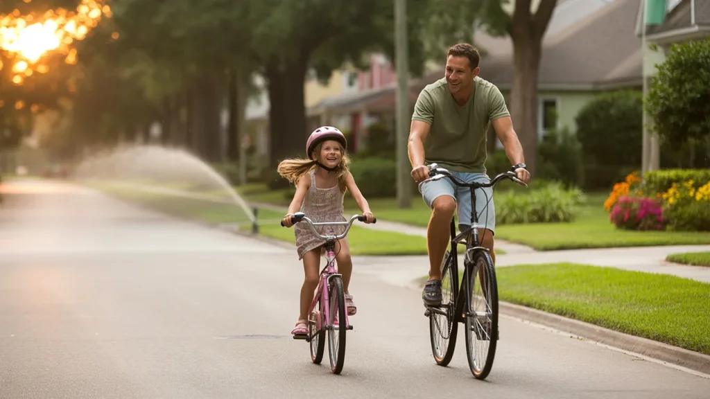 Father and daughter riding bikes together on a tree-lined street in Winter Garden, FL at sunset