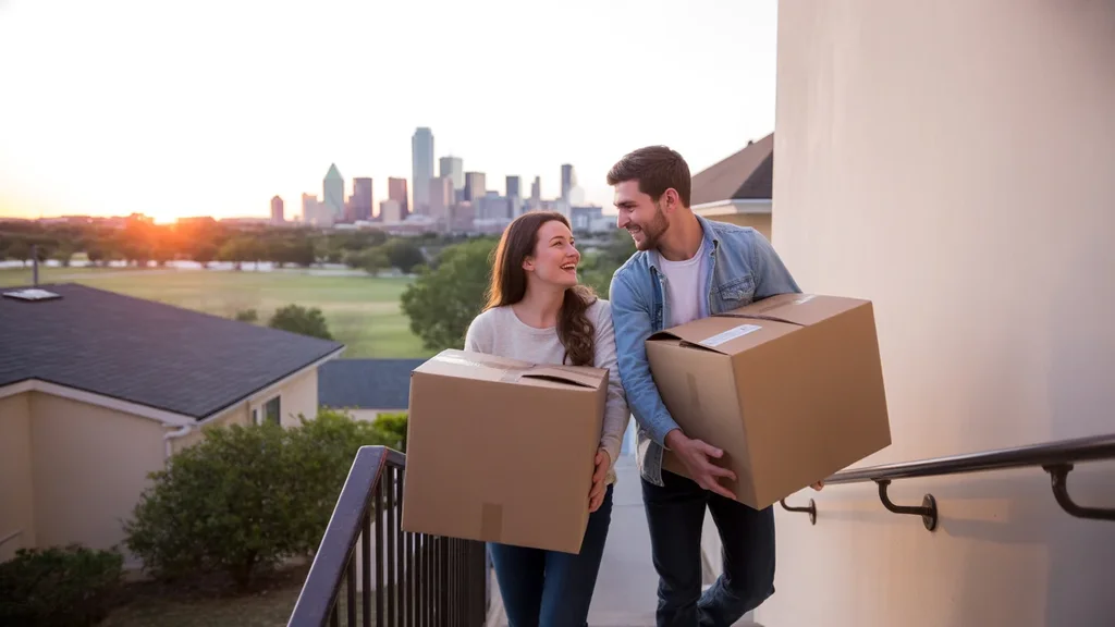Couple carries moving boxes into new Grand Prairie apartment at sunset