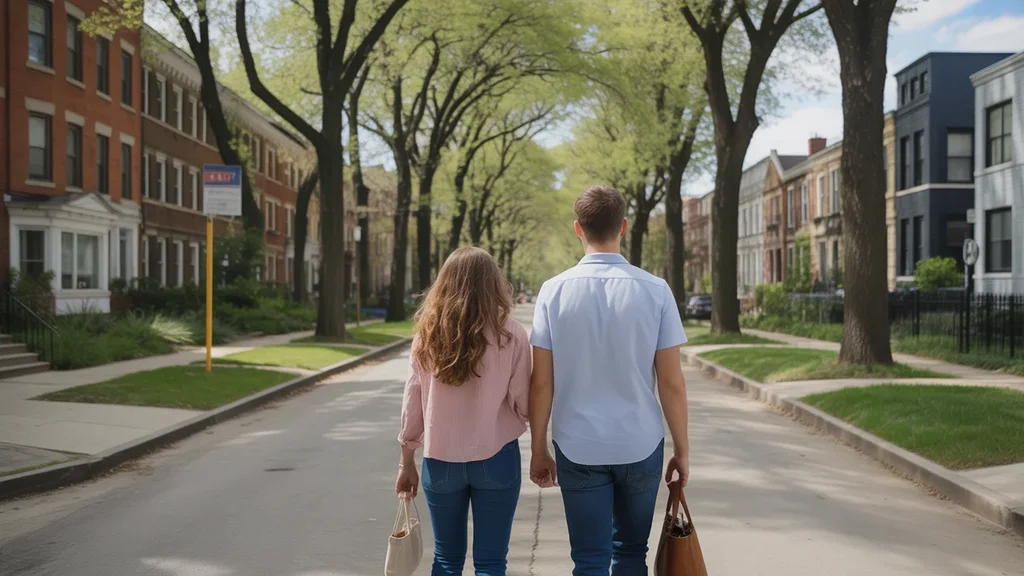 Couple considers housing options while walking in Chicago neighborhood