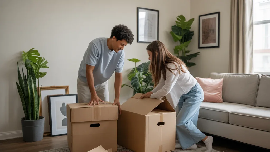 Couple unpacking in their new Jeffersontown apartment living room