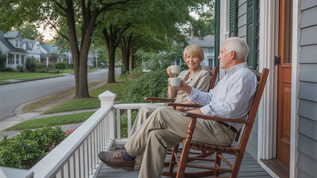 Couple drinking coffee on porch of Georgetown home at sunset