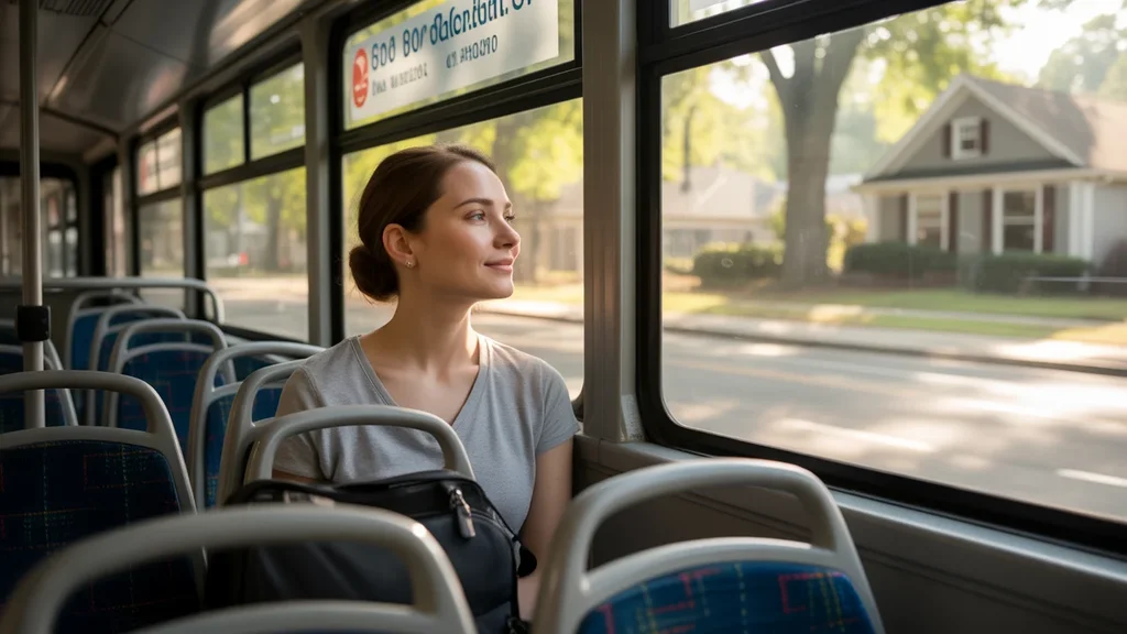 A woman riding alone on a CobbLinc bus in Marietta, GA on a peaceful weekday morning commute