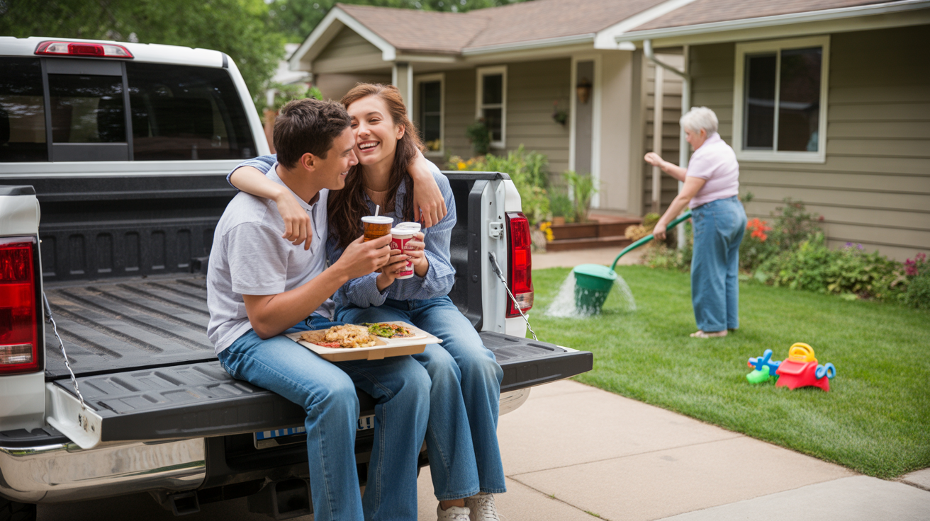 A couple enjoys a casual takeout dinner on the tailgate of their truck outside their Northglenn home