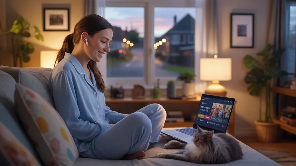 Woman watching streaming services on laptop at home in Tigard, OR