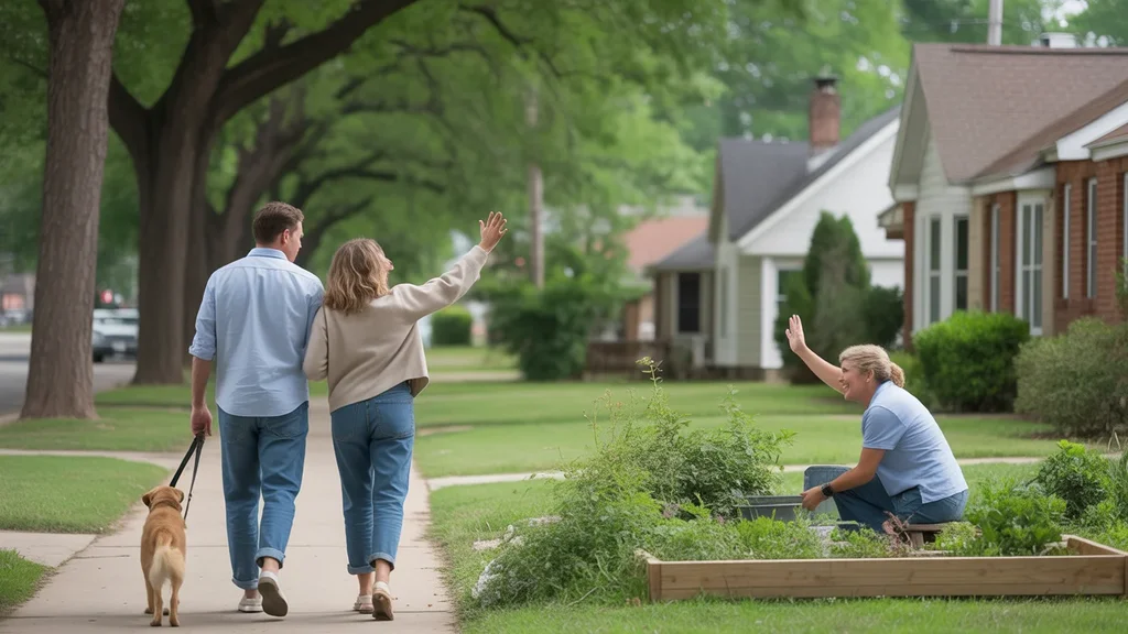 Couple walking dog in Moore, Oklahoma neighborhood