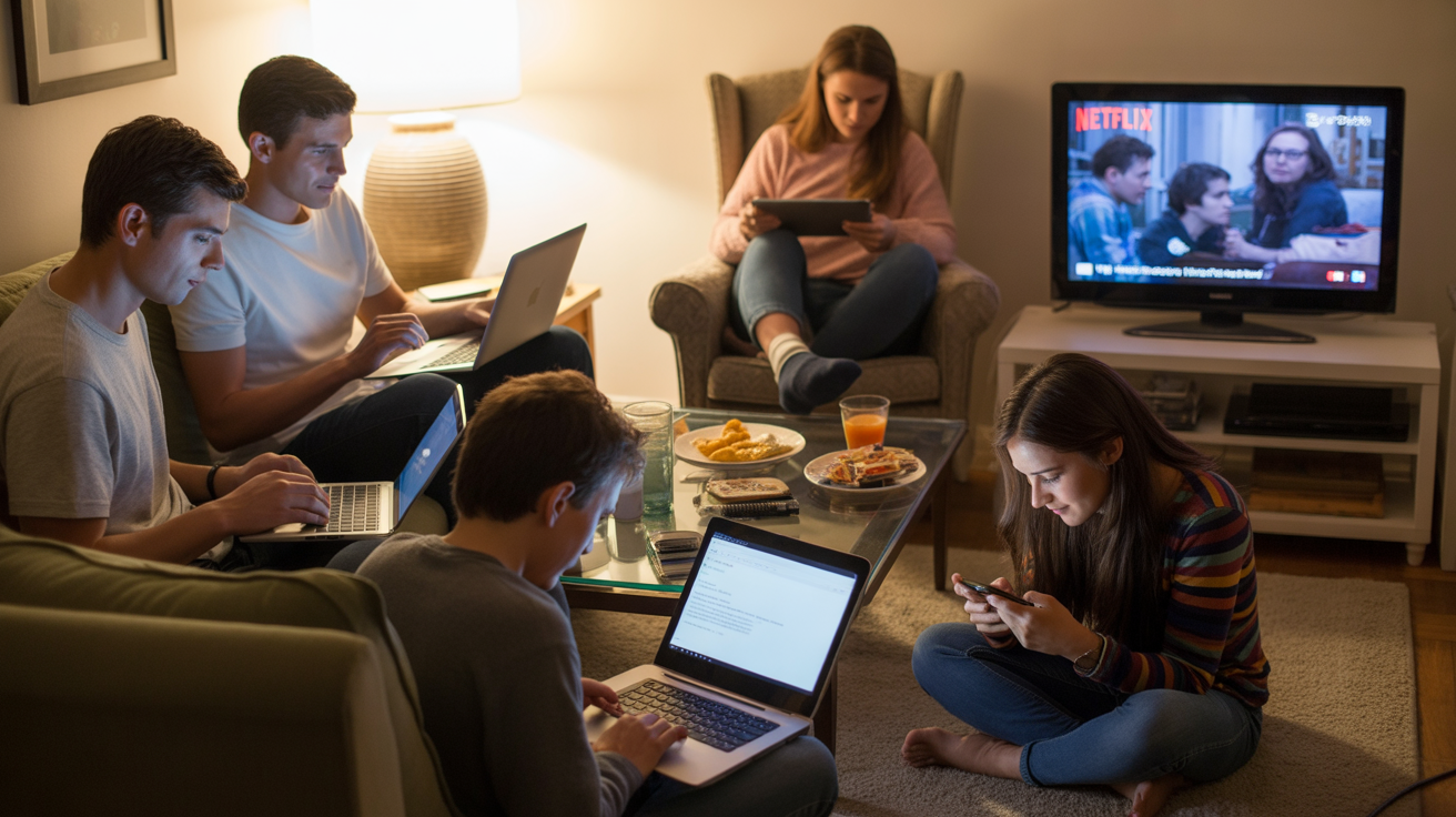A group of friends in Garden Grove, CA, each focused on their own streaming device while hanging out together in a living room.
