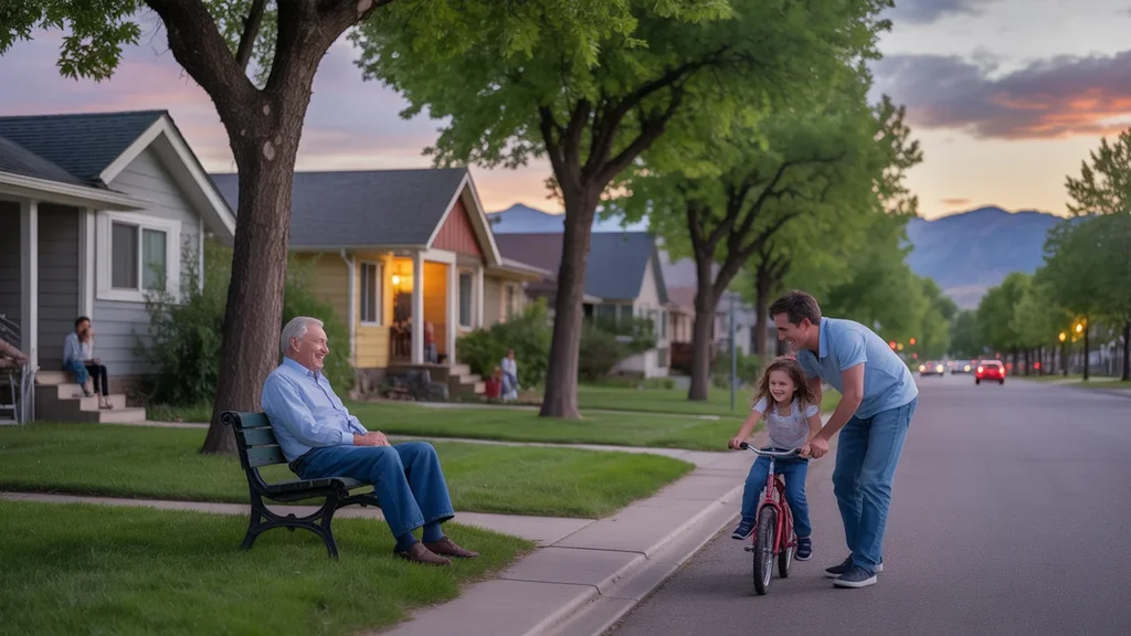 An elderly Arvada resident smiles while sitting on a park bench, watching a father teach his young daughter to ride a bike on the quiet suburban street at sunset.