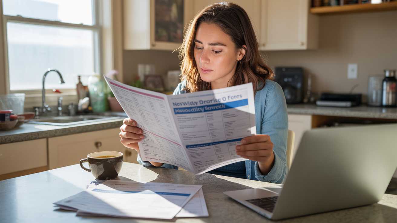 Woman reviewing utility fees in newsletter at her kitchen table in Golden, CO apartment
