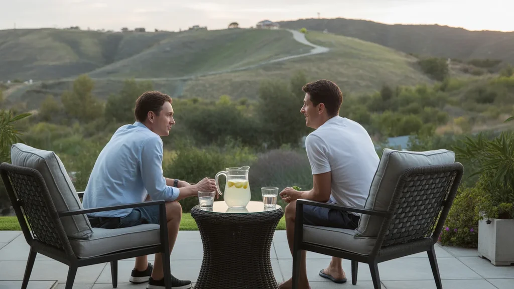 Couple relaxing on patio with view of Chino Hills at sunset