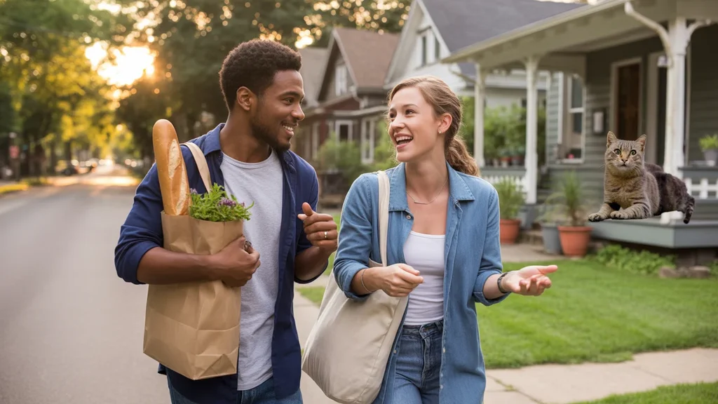 Two friends walking down a residential street in Nashville, TN, discussing dinner plans