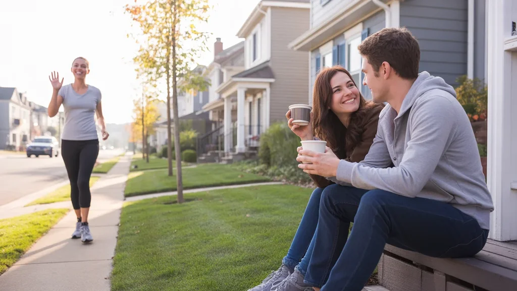 Couple drinking coffee on townhome steps in Taylorsville Utah suburb