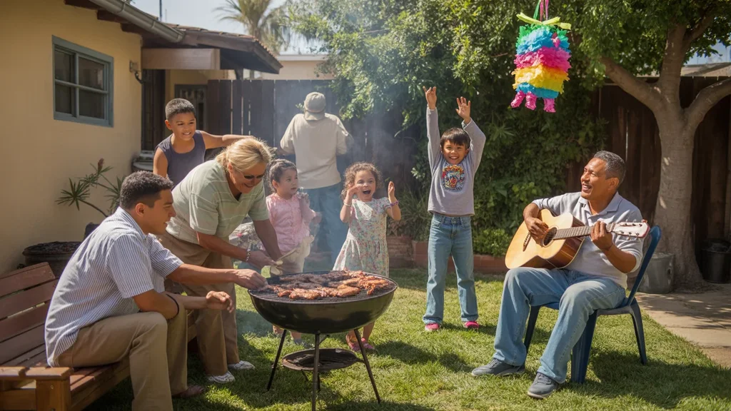 A multi-generational Latino family enjoys a backyard carne asada gathering in Santa Ana, CA