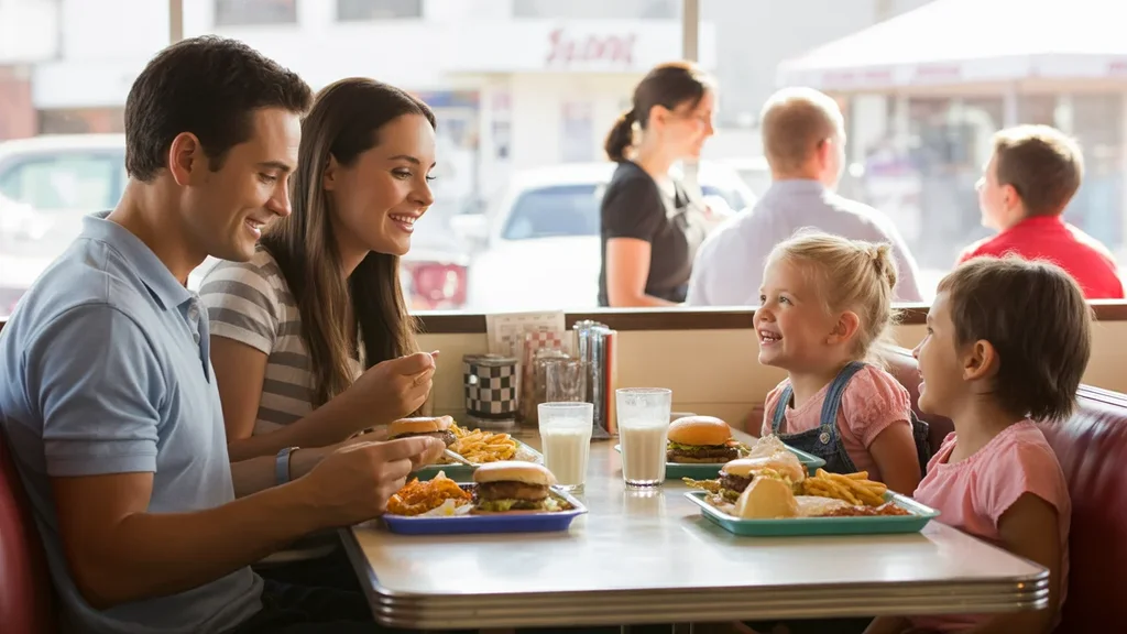 Family of four eating lunch together in retro diner booth, Aurora CO