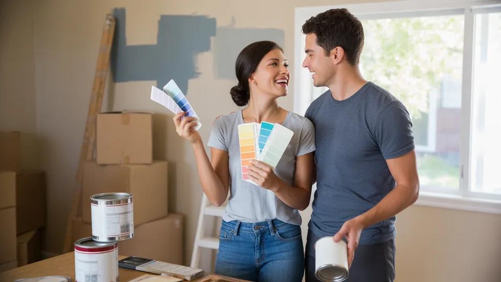 Couple choosing paint colors in new West Valley City home kitchen