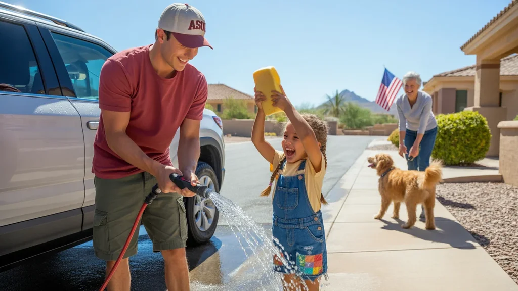 Father and daughter washing car together in driveway of Laveen, AZ home