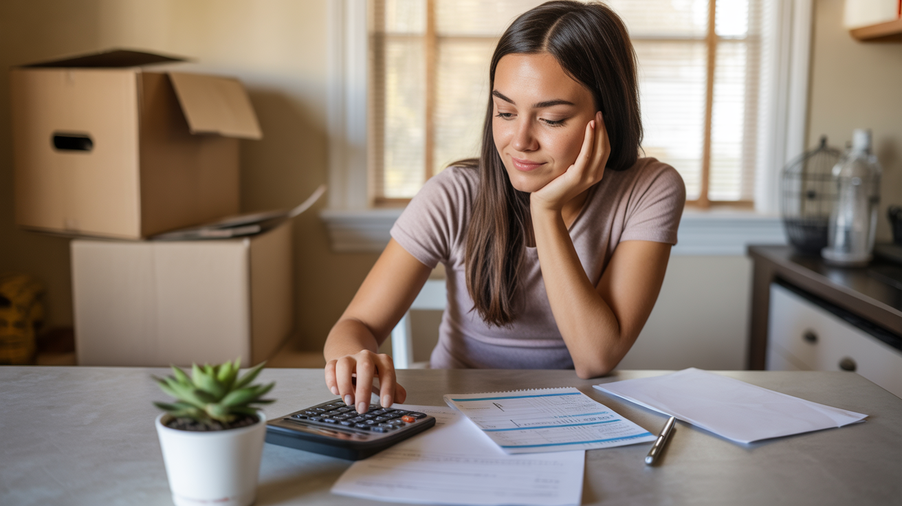 Woman calculating her housing budget at kitchen table in Northglenn apartment