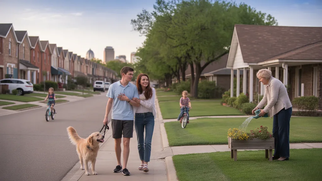 Couple walking dog past townhouses and single family home in Grand Prairie, Texas at sunset