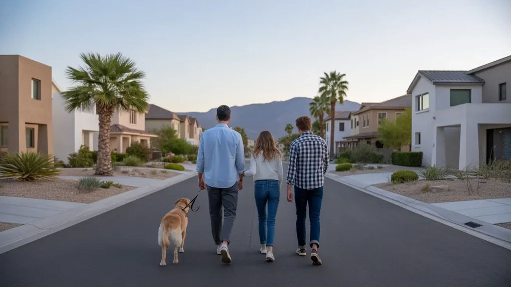 A family walking their dog in a peaceful Ontario neighborhood at sunset.