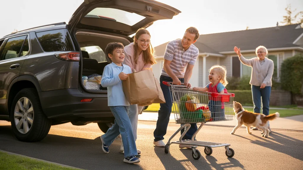 A family unloads groceries from their car outside their Beaverton home at sunset, showcasing everyday suburban life.