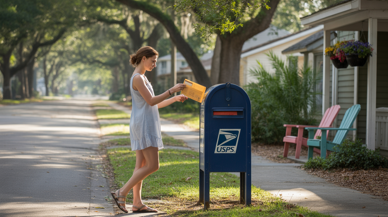 Woman mailing utility payment envelope at blue USPS mailbox on tree-lined Winter Park street corner