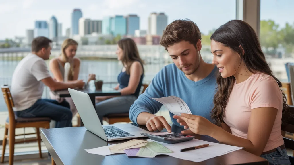 Couple reviewing monthly expenses at Orlando coffee shop