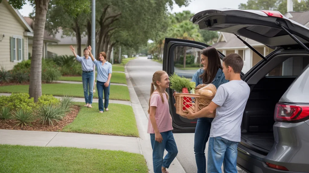 Family unloading groceries at their new home in Lakeland, FL