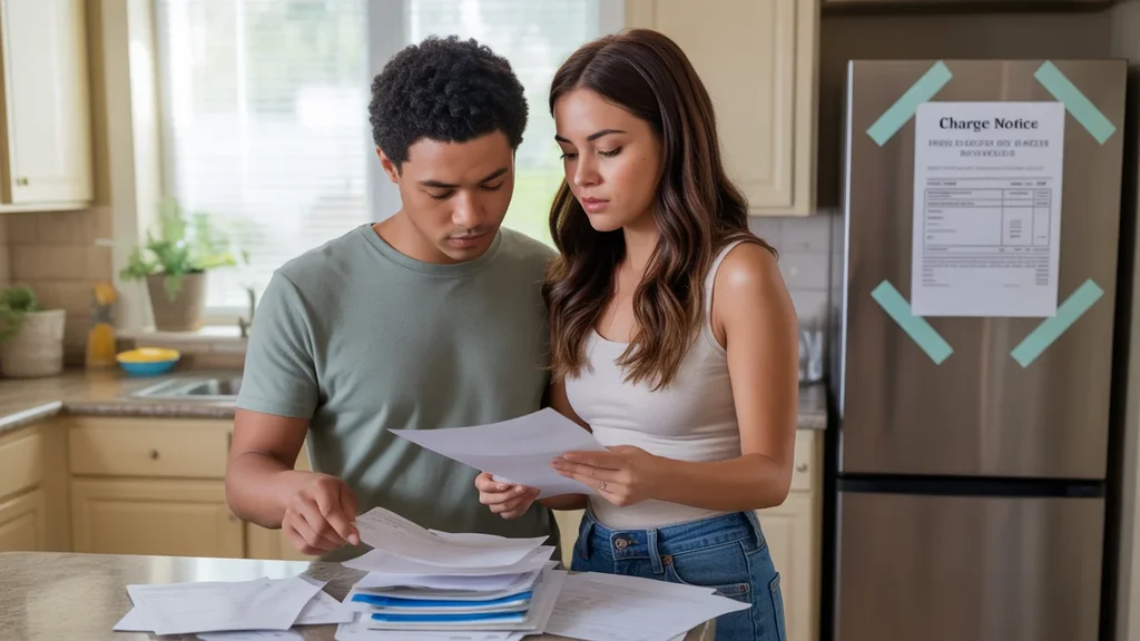Couple in Paradise NV kitchen reviewing utility bills and fee notices in their new home