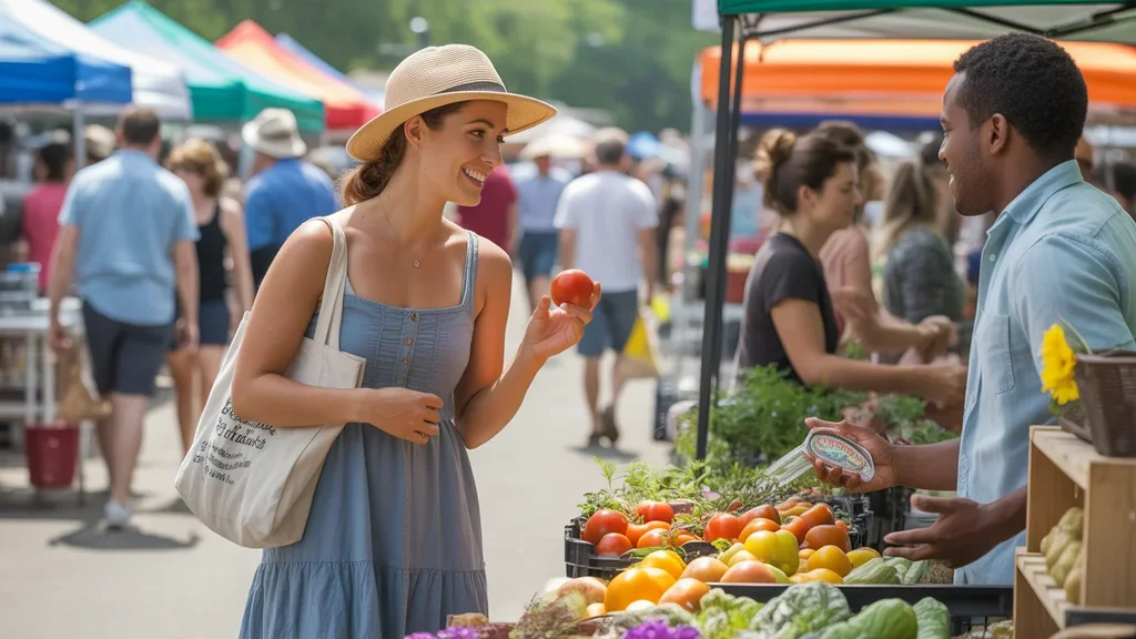 Woman shopping for fresh produce at local farmer's market in The Woodlands, TX