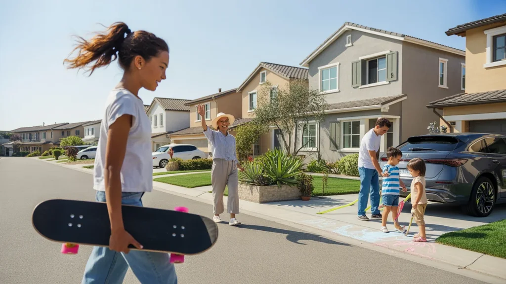 A teenage skateboarder passes homes on a quiet Irvine street as residents go about daily life.