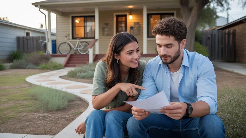 Couple reviewing paperwork on front steps of San Marcos home