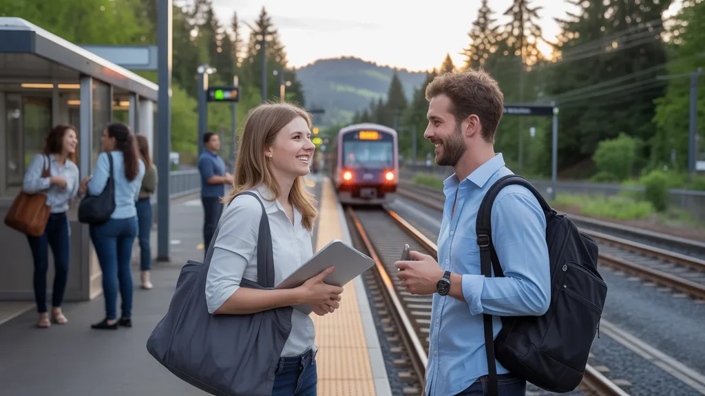 Two coworkers chatting on a MAX light rail platform in Beaverton, Oregon at dusk