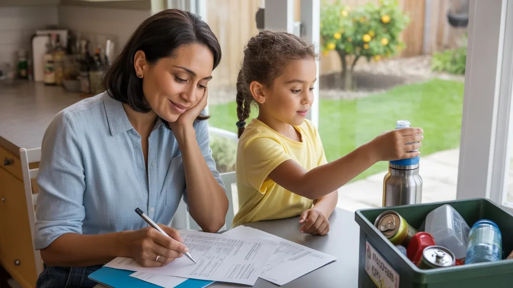 Mother reviewing utility bill while daughter fills reusable water bottle in Grand Prairie kitchen