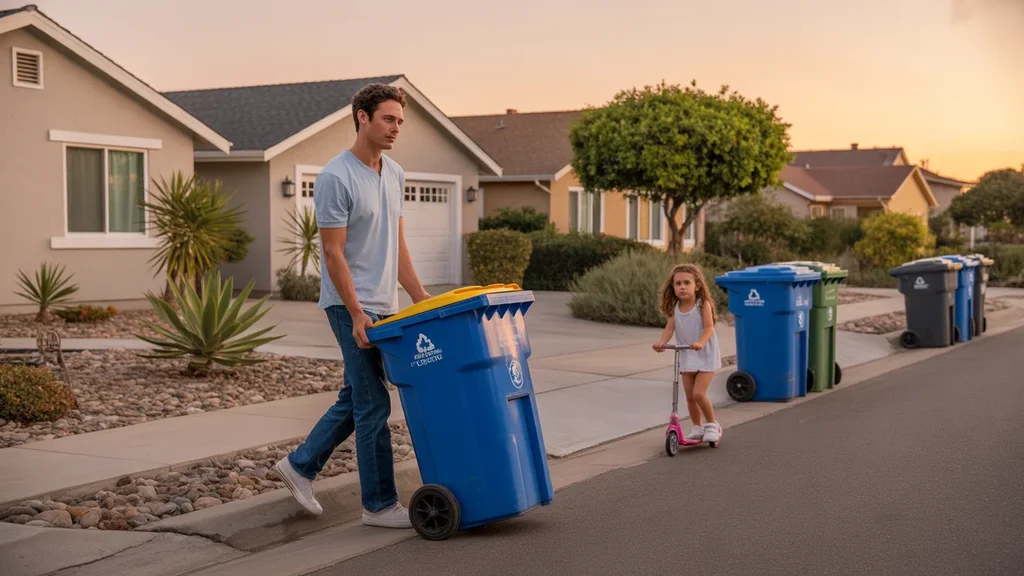 Man rolling recycling bin to curb in front of xeriscaped home in Santa Ana at dusk, with daughter riding scooter nearby
