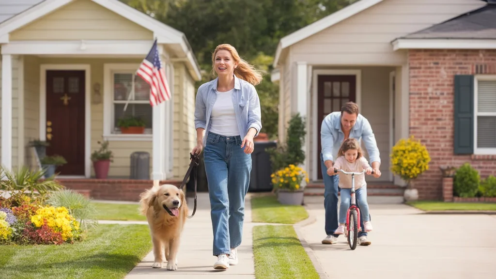 A woman walks her dog past well-maintained homes in a pleasant Winter Garden neighborhood.
