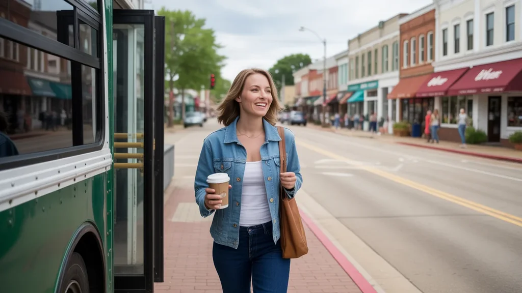 Woman exiting a bus on a busy street in downtown Edmond, Oklahoma