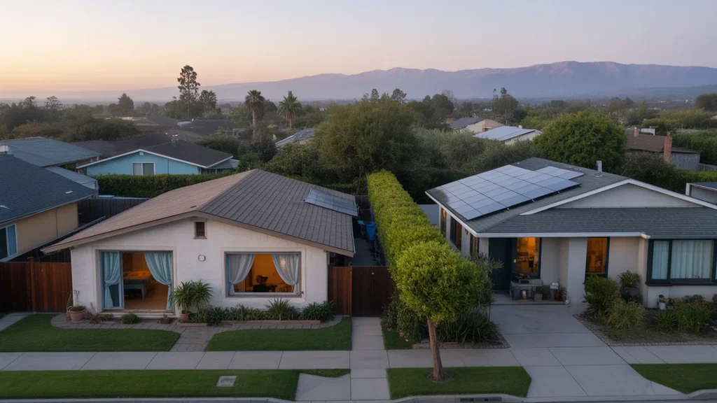 Aerial view of two homes in Anaheim, CA at sunrise, with open windows and solar panels