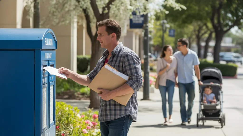 Man dropping off utility payment at Fullerton City Hall payment kiosk