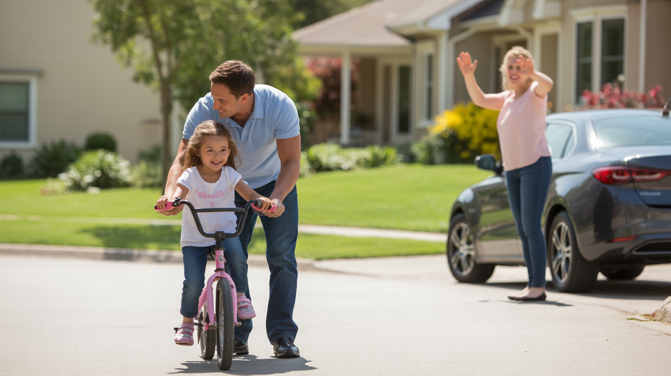 Father teaching daughter to ride bike in cul-de-sac of suburban Davenport neighborhood