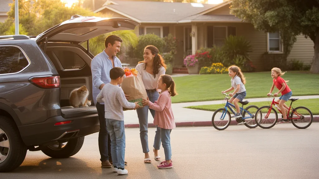 A young family unloads groceries in the driveway of their San Marcos home at sunset, capturing a warm, everyday moment.