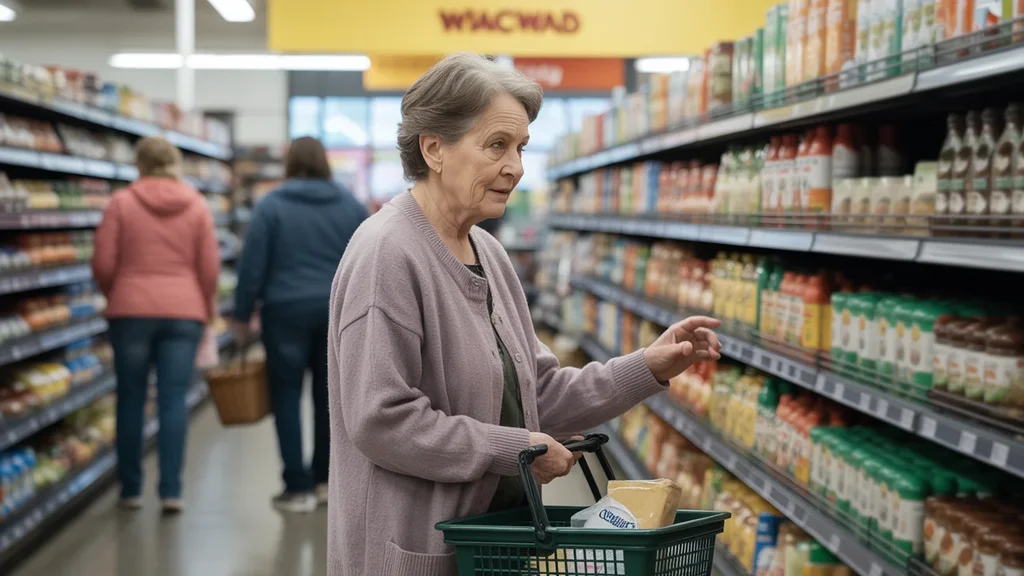Senior woman shopping alone at a Tualatin grocery store, scanning shelves with a hand basket