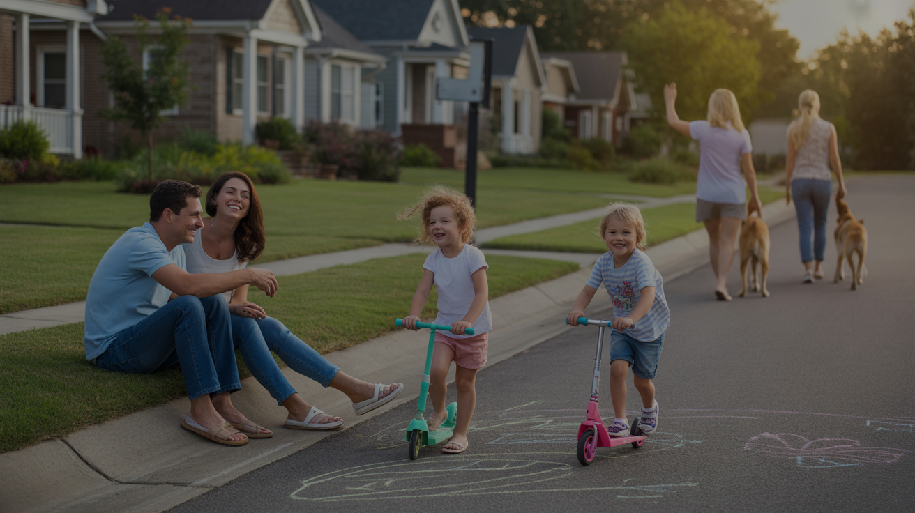 Family enjoying summer evening in Murfreesboro cul-de-sac with children playing