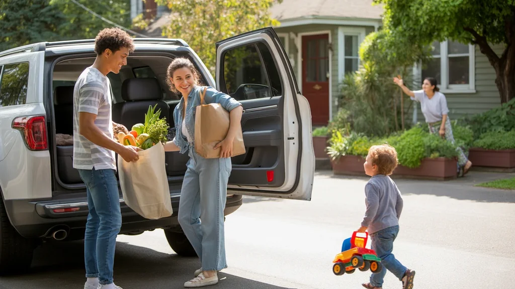 A couple unloads groceries from their car in the driveway of their Portland home while their young son plays nearby.