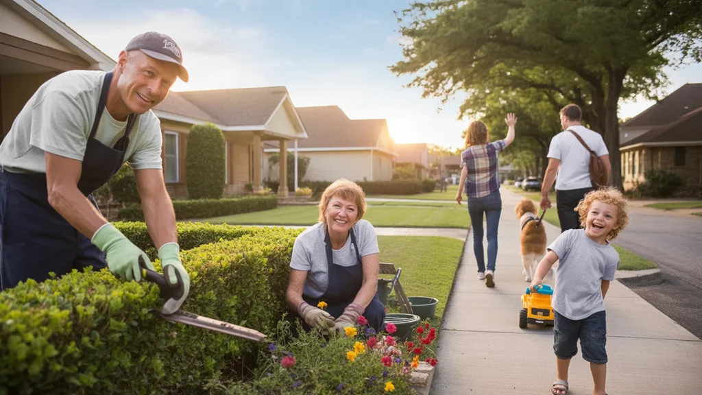 A family enjoying a peaceful evening in their New Braunfels neighborhood, trimming hedges and tending to a flower bed while their grandson plays nearby.