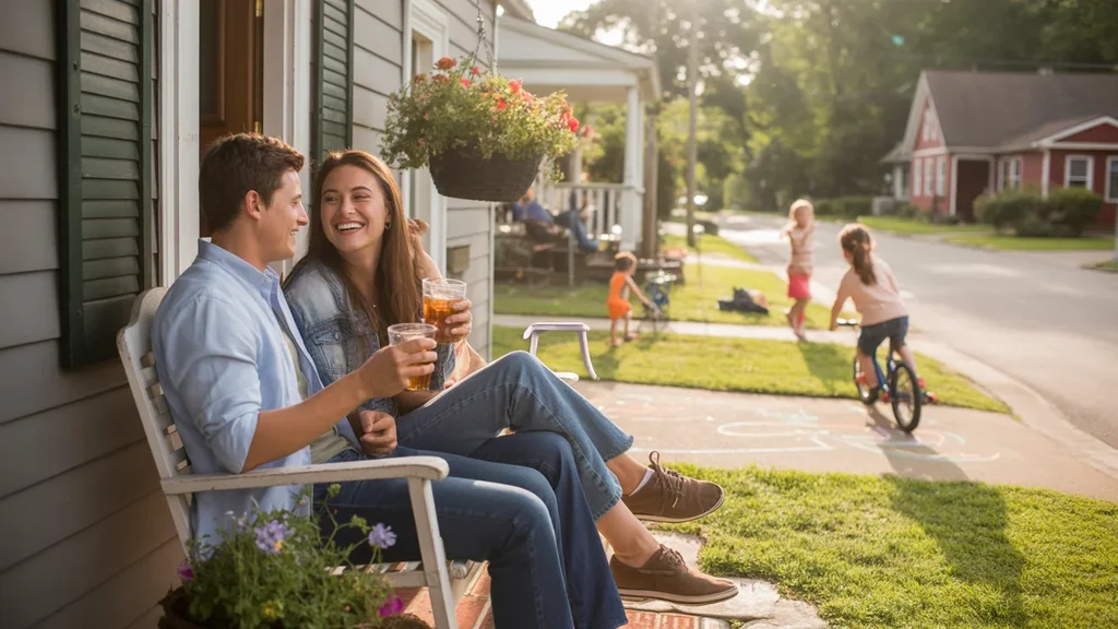 Young couple relaxing on porch swing in Hendersonville, TN at sunset