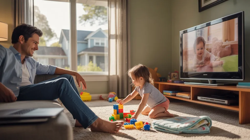 Father and daughter enjoying family time at home in Chapel Hill living room