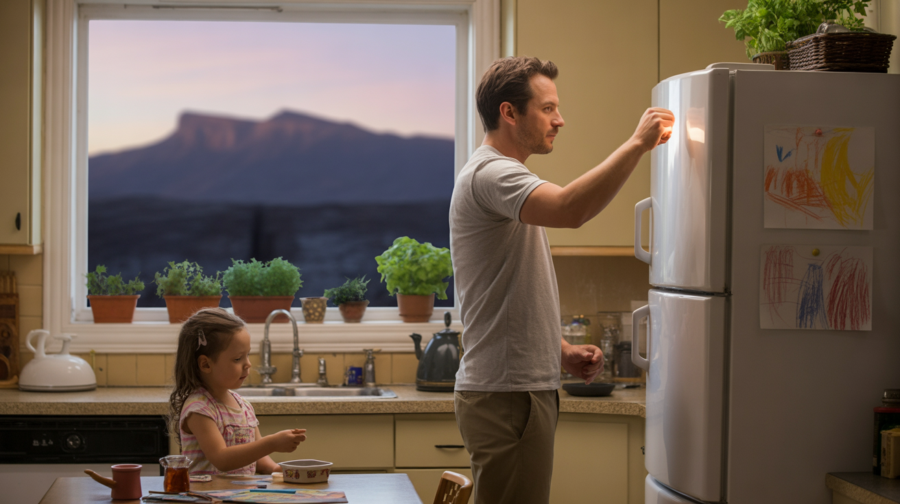 Man turns off lights in kitchen while daughter does crafts, with view of Rocky Mountain foothills outside window