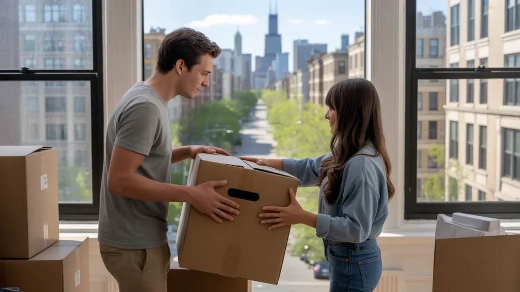 Couple unpacking in Evanston apartment with Chicago skyline view