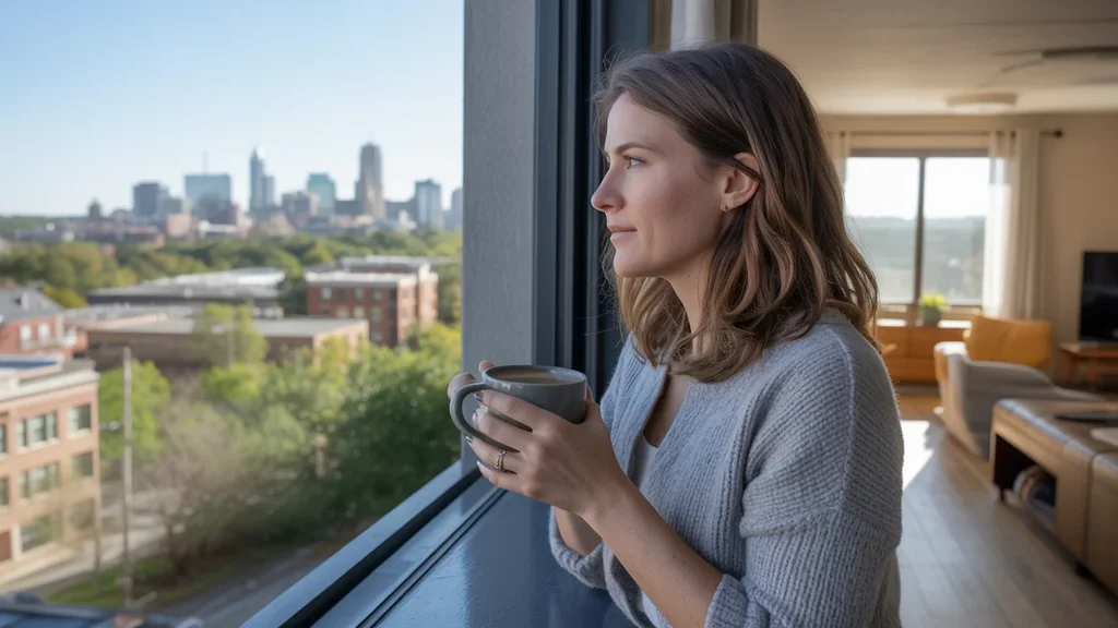 Woman drinking coffee and looking out apartment window in Rock Hill, SC